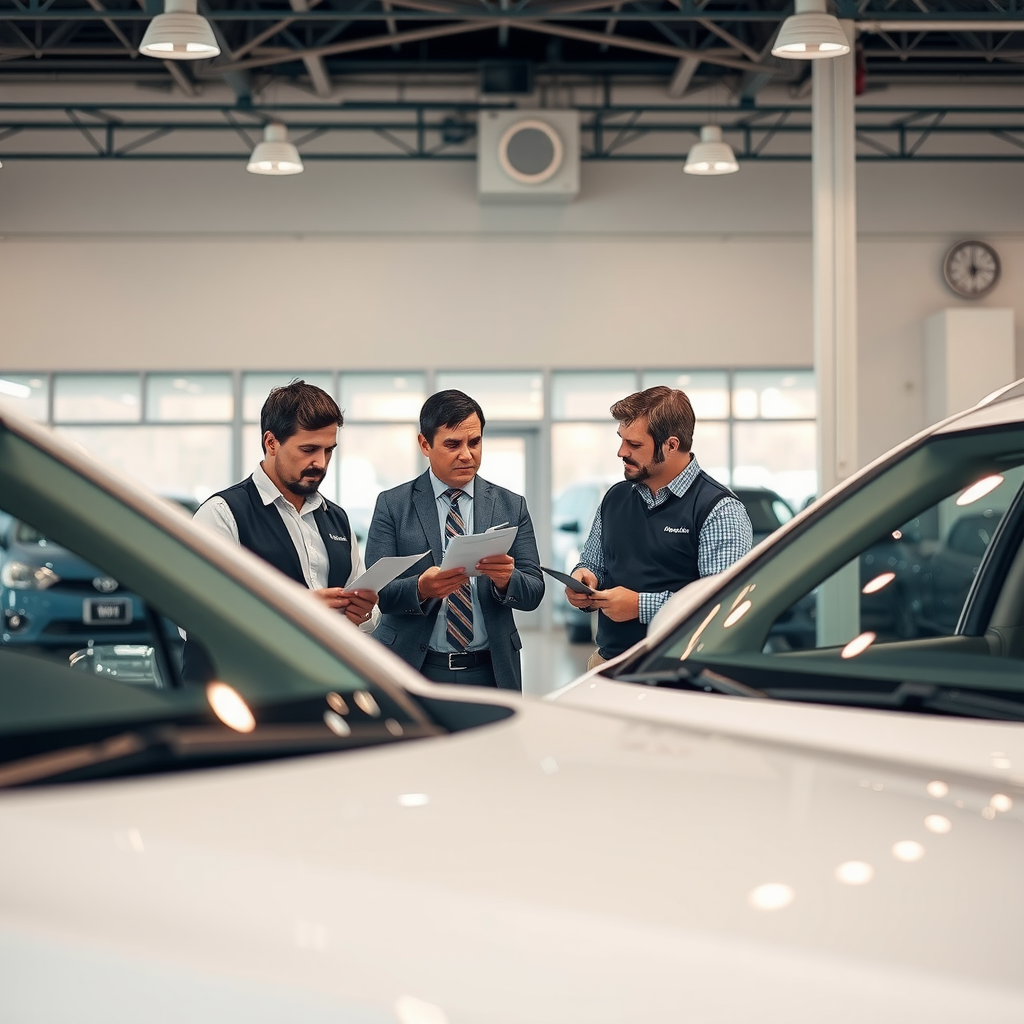 Equipo profesional de CarassoWyst revisando vehículos en concesionario de Rosario, Argentina, con especialistas evaluando documentación y condiciones técnicas