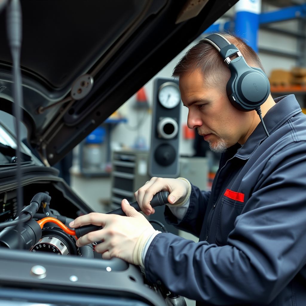 Mecánico profesional inspeccionando motor de vehículo usado con herramientas de diagnóstico, verificando componentes del motor, transmisión y sistemas eléctricos en taller automotriz argentino