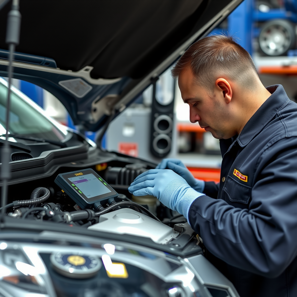 Mecánico profesional realizando inspección detallada del motor de un vehículo usado, verificando componentes críticos con herramientas de diagnóstico en taller automotriz argentino