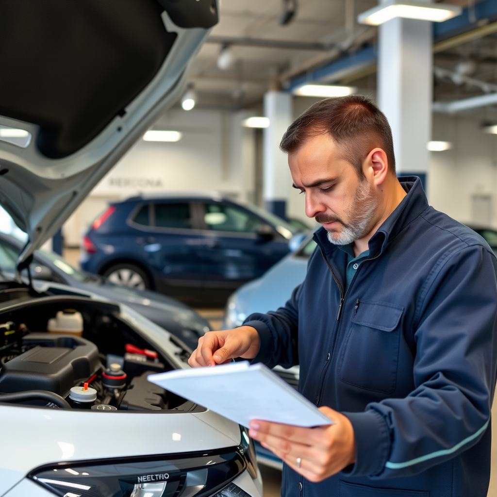 Inspector profesional realizando evaluación técnica completa de vehículo usado en concesionaria argentina, revisando motor y documentación con herramientas especializadas