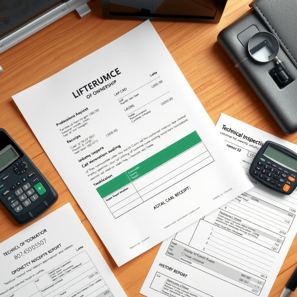 Vista superior de documentos vehiculares organizados sobre un escritorio profesional, incluyendo título de propiedad, cédula verde, comprobantes de verificación técnica y reportes de historial, con una lupa y calculadora al costado, iluminación natural de oficina