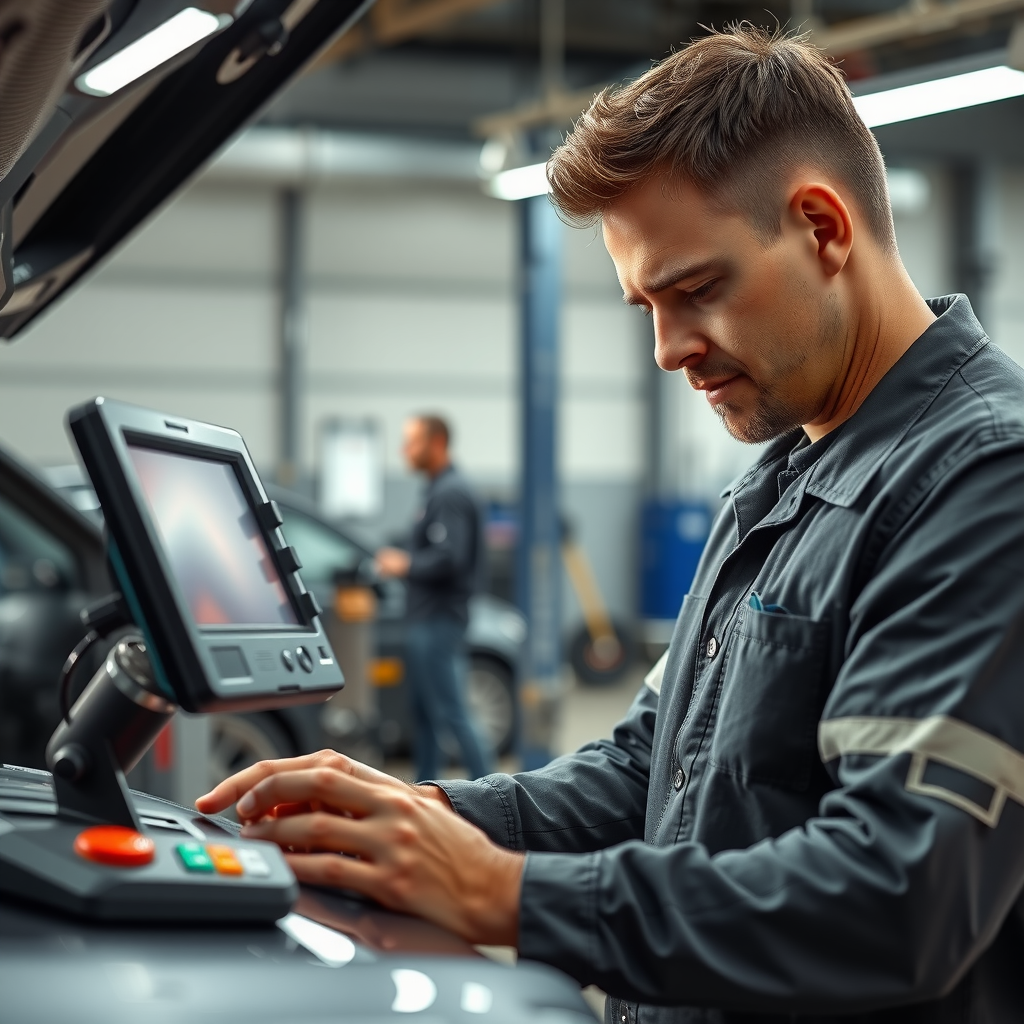 Mecánico certificado realizando diagnóstico completo con equipo profesional de última generación en taller moderno con iluminación LED, mostrando scanner automotriz conectado a vehículo
