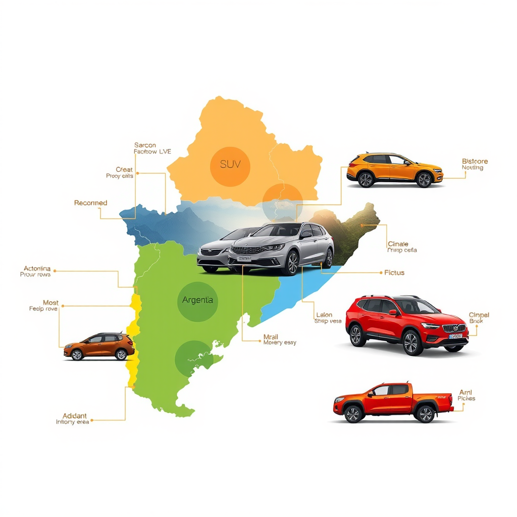 Mapa ilustrativo de Argentina mostrando diferentes tipos de vehículos recomendados para cada región: SUV en zonas montañosas del oeste, sedanes en áreas urbanas centrales, pickups en regiones rurales y pampeanas, con iconos climáticos indicando condiciones de cada zona