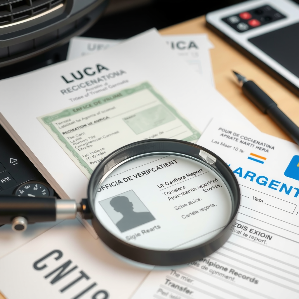 Documentos oficiales de vehículo argentino incluyendo cédula verde, título de propiedad, informes de verificación policial y registros de transferencia sobre escritorio con lupa examinando detalles