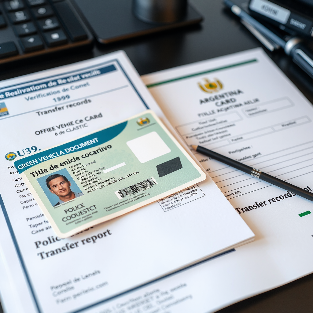 Documentos oficiales de vehículo argentino incluyendo cédula verde, título de propiedad, informes de verificación policial y registros de transferencias sobre escritorio profesional