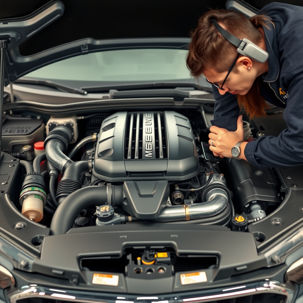 Motor de automóvil abierto mostrando componentes internos durante inspección técnica detallada, con mecánico verificando niveles de fluidos y estado de correas