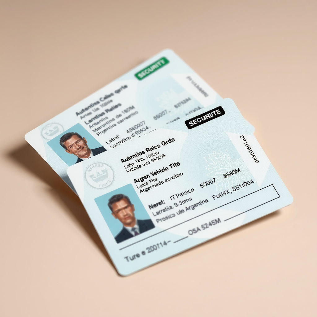 Primer plano detallado de una cédula verde argentina y título de propiedad vehicular auténticos, mostrando sellos oficiales, hologramas de seguridad y campos de información completados, sobre fondo neutro con iluminación profesional que resalta los elementos de seguridad