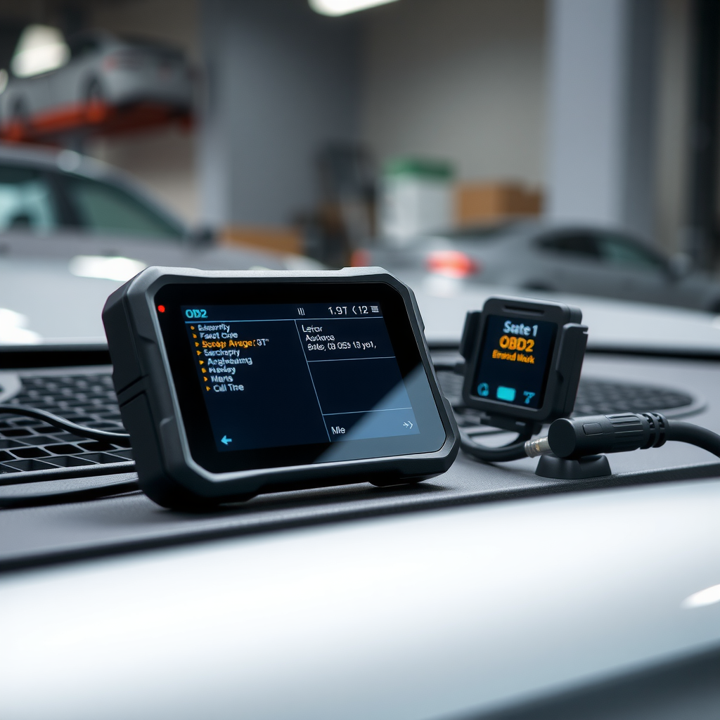 Scanner OBD2 profesional de última generación conectado al puerto de diagnóstico del vehículo, mostrando códigos de error y parámetros en tiempo real en pantalla digital de alta resolución