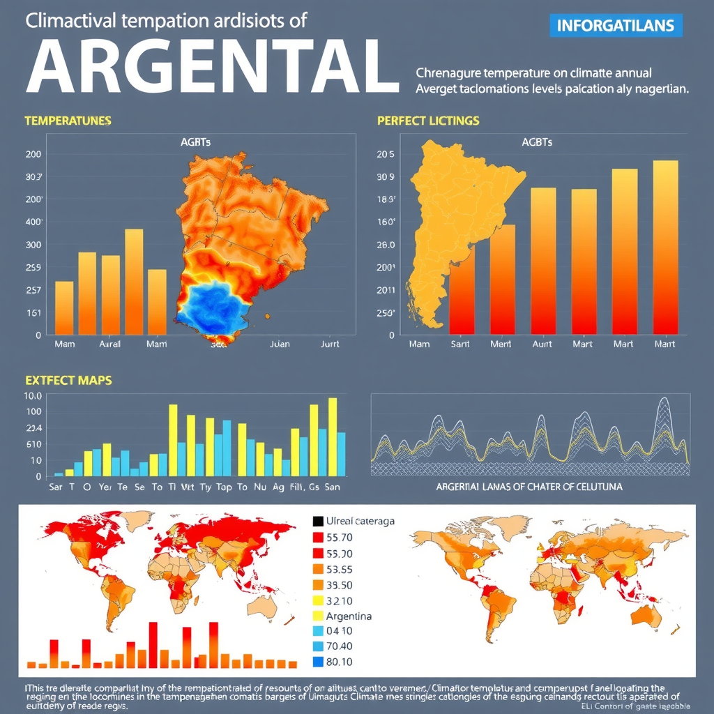 Infografía detallada mostrando comparación de condiciones climáticas en diferentes regiones argentinas: temperaturas promedio, niveles de precipitación anual, altitudes, con gráficos de barras y mapas de calor ilustrando las variaciones extremas del país
