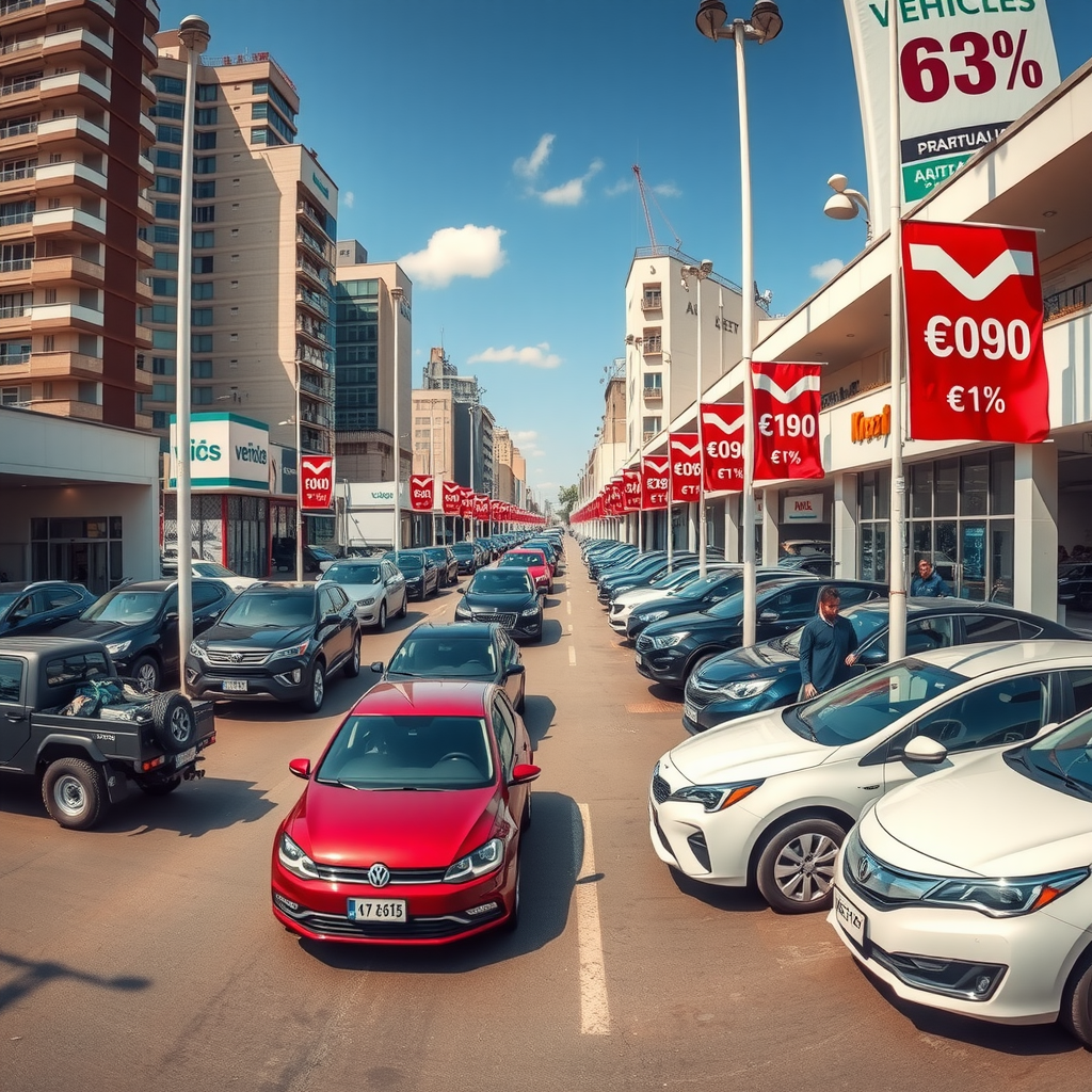 Vista panorámica de concesionarios de vehículos en Buenos Aires con autos exhibidos, calles urbanas del área metropolitana, vendedores atendiendo clientes y carteles de precios en pesos argentinos