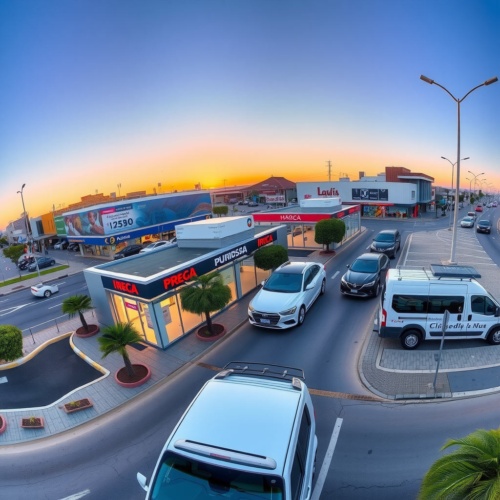 Vista panorámica de concesionarios de vehículos en zona metropolitana de Buenos Aires, mostrando múltiples locales comerciales con autos exhibidos en calles principales argentinas