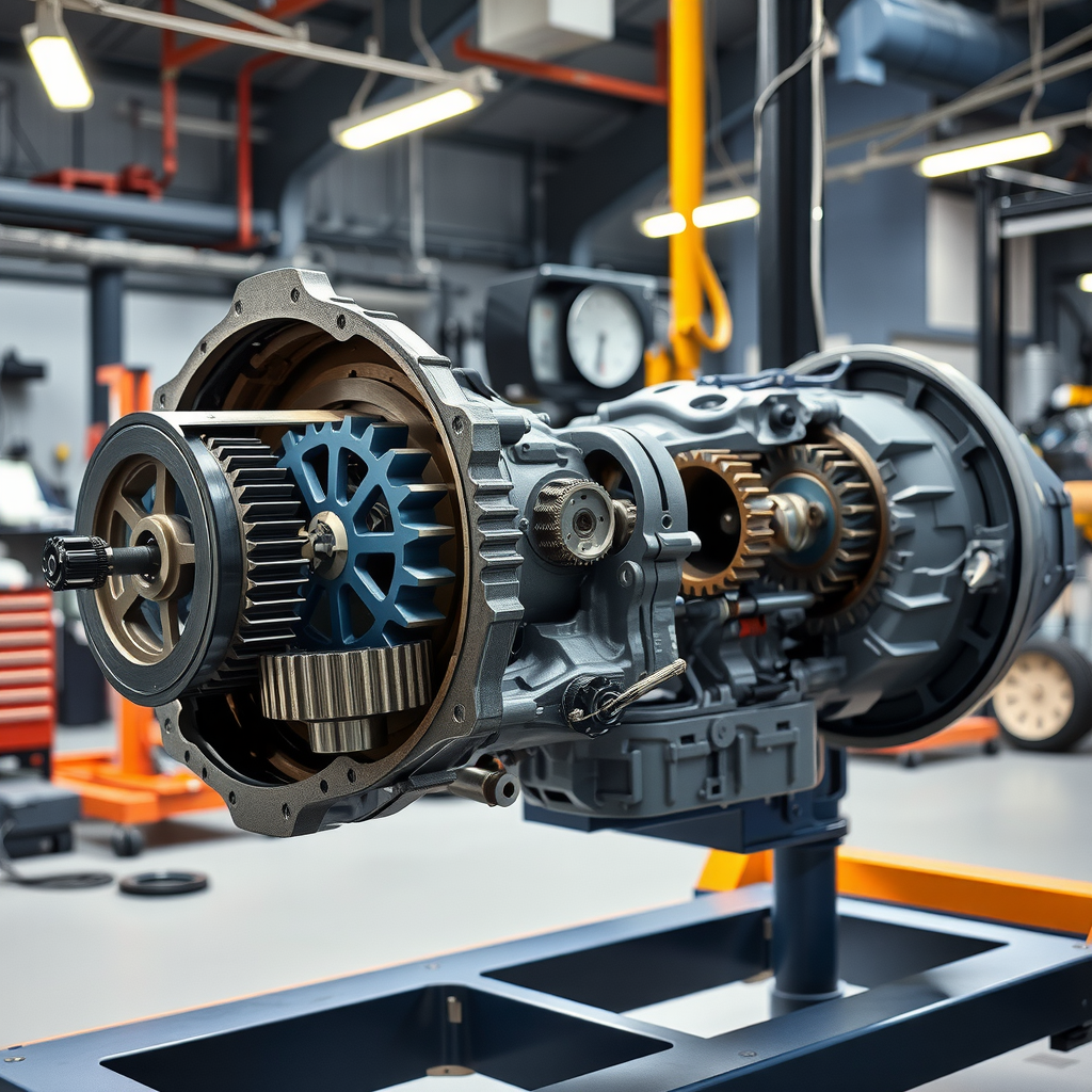 Caja de cambios automática desmontada mostrando engranajes y componentes internos durante inspección técnica especializada en taller mecánico profesional
