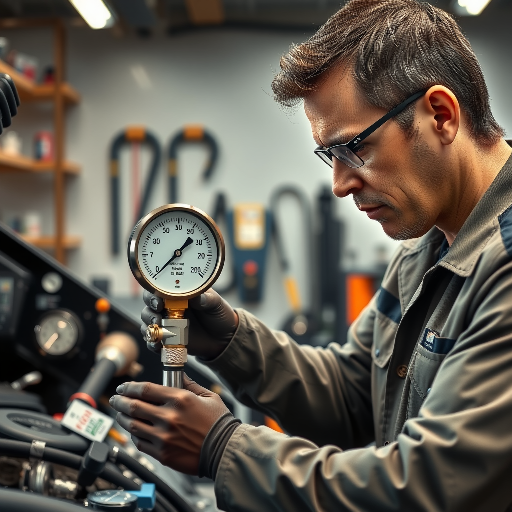 Técnico especializado realizando prueba de compresión en motor con manómetro profesional de alta precisión, mostrando medición de presión en cilindros en taller bien iluminado con herramientas organizadas