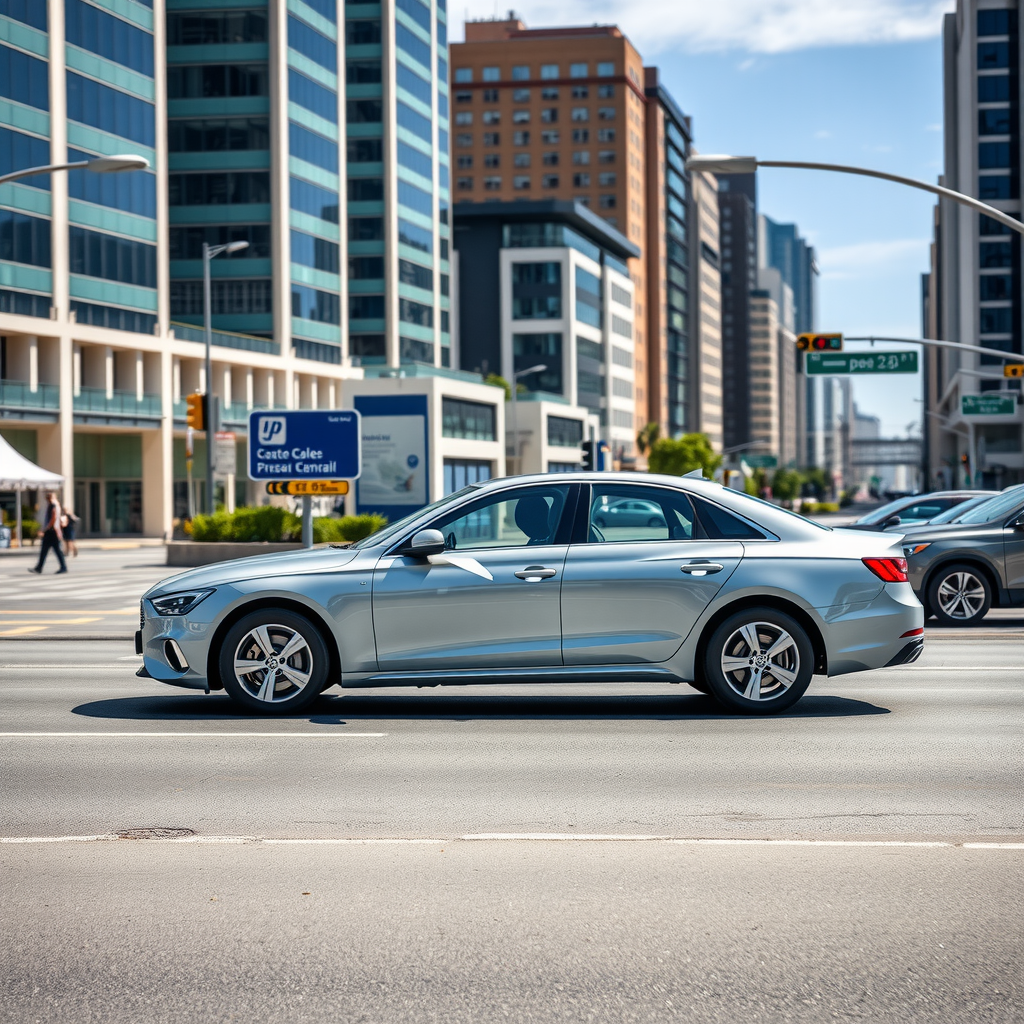Sedán contemporáneo de color plateado circulando por una amplia avenida urbana argentina, con edificios modernos al fondo, semáforos, señalización clara, pavimento impecable, otros vehículos en tráfico ordenado, cielo despejado, representando el entorno ideal para este tipo de vehículo