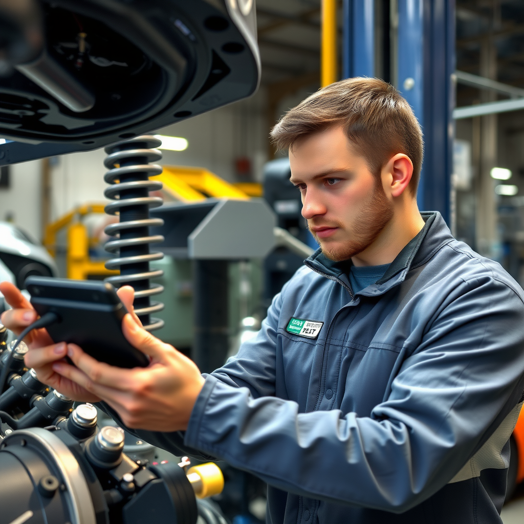 Técnico certificado utilizando equipos de diagnóstico electrónico avanzado para evaluar sistemas del motor, suspensión y componentes eléctricos en taller mecánico profesional argentino