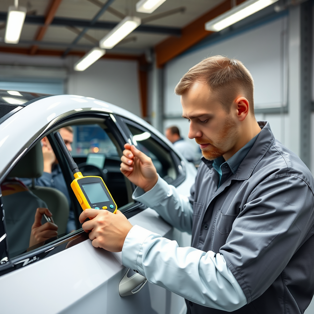 Técnico especializado inspeccionando carrocería de automóvil con medidor de espesor de pintura, verificando paneles y estructura en taller de evaluación profesional