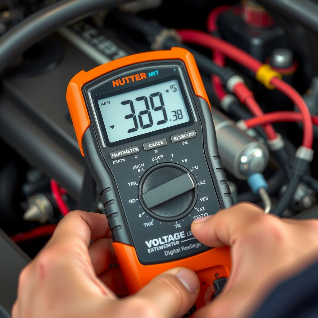 Multímetro digital profesional de alta precisión midiendo voltaje en sistema eléctrico vehicular, mostrando lectura en pantalla LCD con cables de prueba conectados a componentes eléctricos en motor