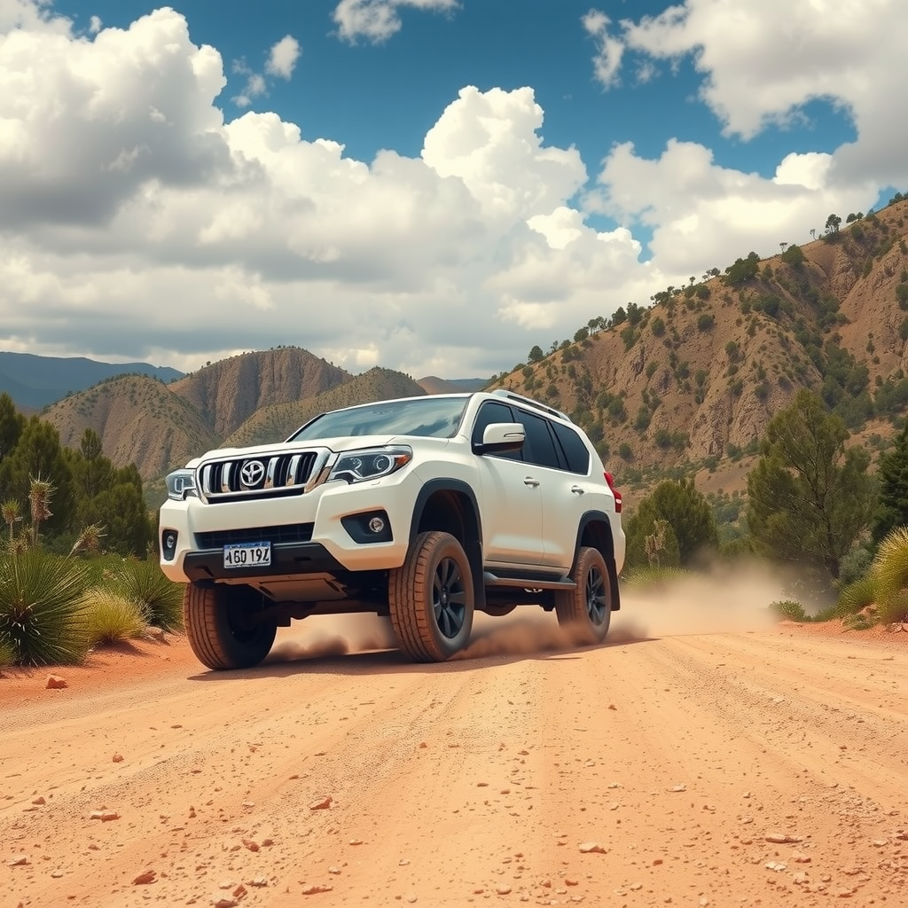SUV robusta de color blanco transitando por camino de ripio en buen estado, rodeada de paisaje serrano argentino con vegetación autóctona, cielo parcialmente nublado, polvo levantándose levemente de las ruedas, demostrando capacidad todoterreno moderada en condiciones rurales típicas
