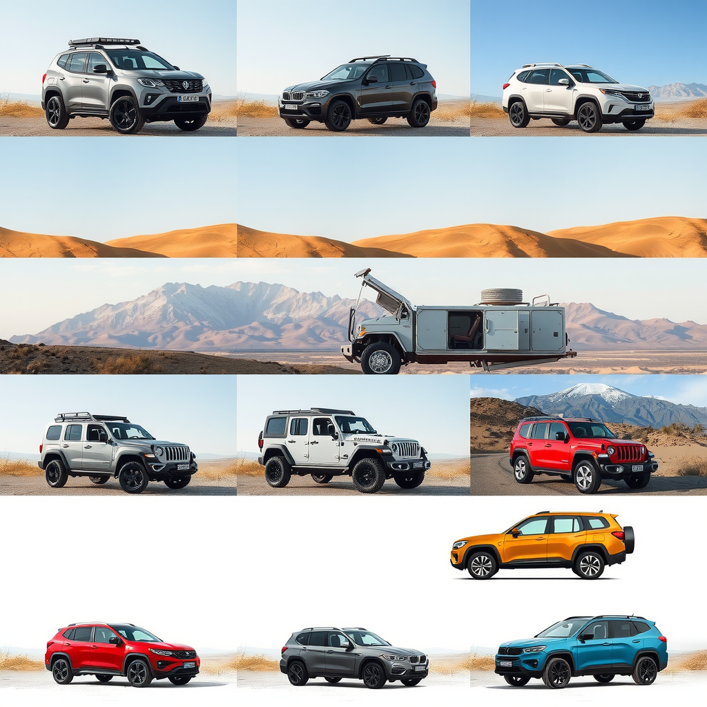 Diferentes tipos de vehículos adaptados para terrenos argentinos diversos, desde urbanos compactos hasta SUVs robustos, mostrando variedad de modelos en paisajes característicos de Argentina