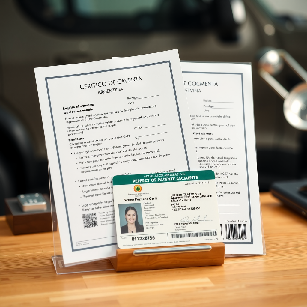 Documentos legales de vehículo argentino incluyendo título de propiedad, cédula verde, verificación policial y comprobantes de pago de patentes sobre escritorio profesional