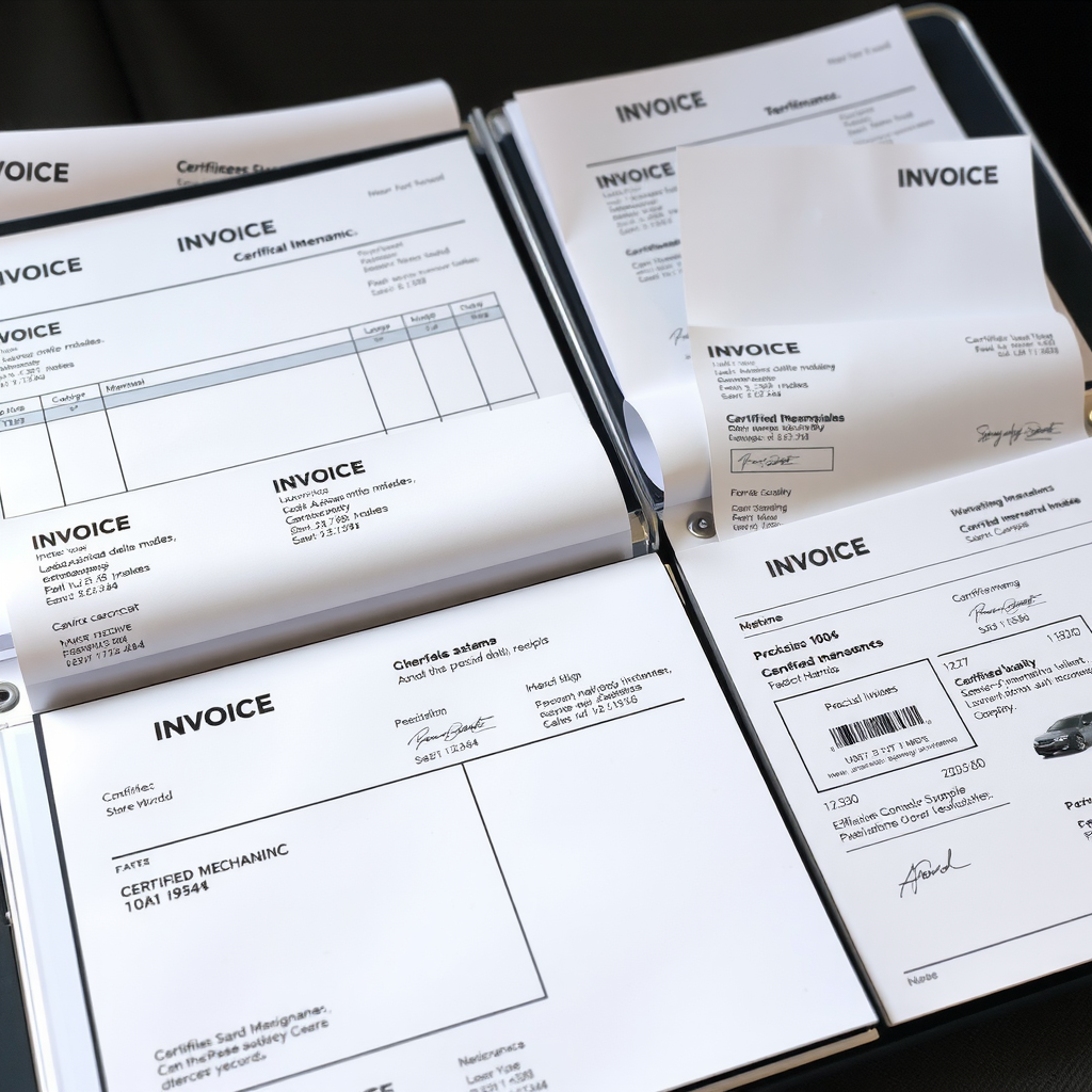 Carpeta organizada con múltiples facturas y comprobantes de mantenimiento vehicular de concesionario oficial, mostrando cronología de servicios, sellos del taller, firmas de mecánicos certificados y registro de kilometraje progresivo, presentación profesional y ordenada