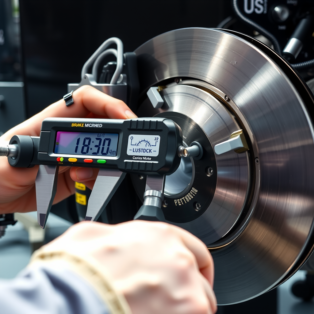 Inspección detallada del sistema de frenos con micrómetro de precisión midiendo espesor de discos de freno, mostrando pastillas, calibradores y componentes hidráulicos en taller profesional con iluminación óptima