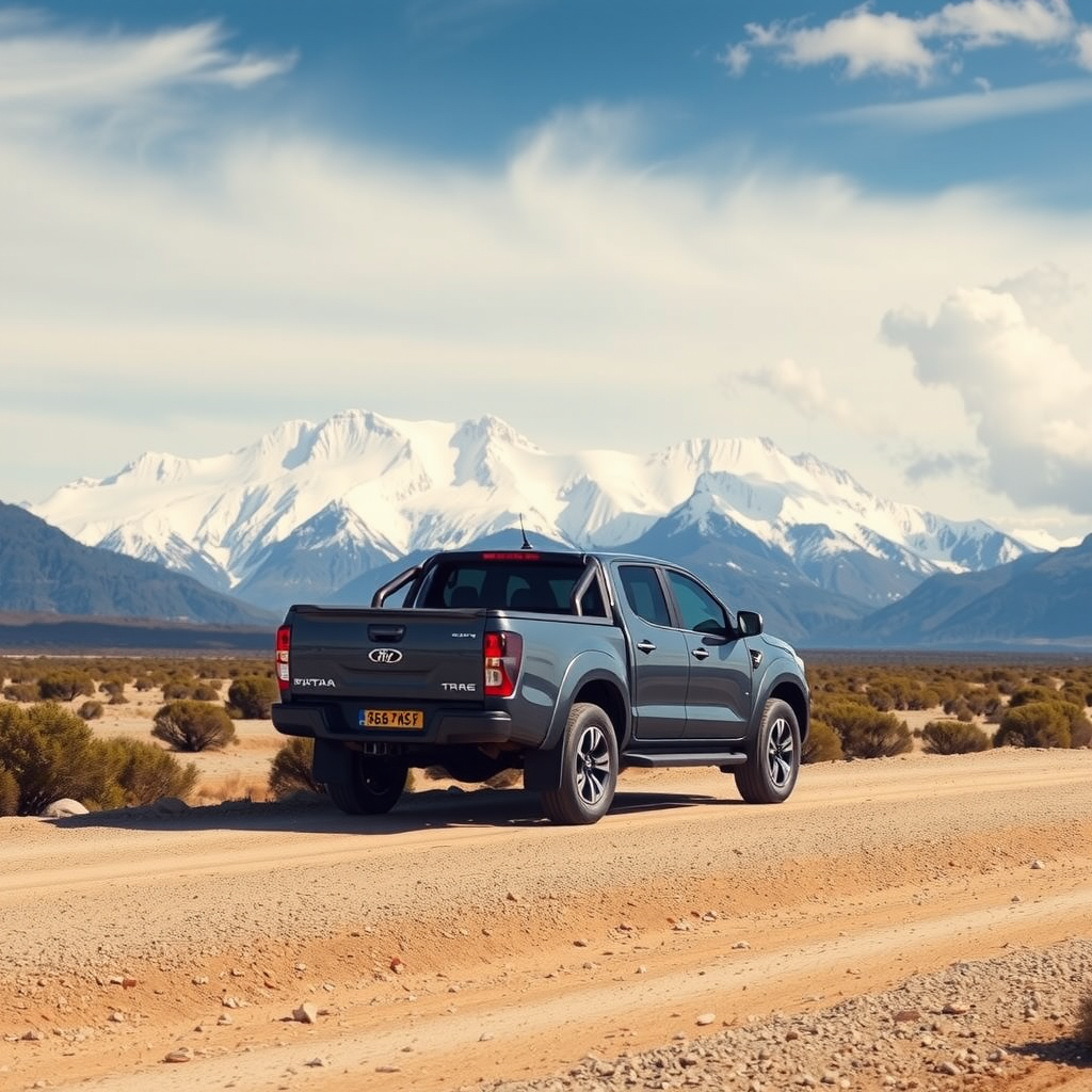 Pickup robusta de doble cabina en color gris oscuro transitando por camino de ripio patagónico, paisaje árido con arbustos bajos, montañas nevadas en el horizonte, cielo amplio con nubes, demostrando capacidad para largas distancias en condiciones austeras típicas de la Patagonia argentina