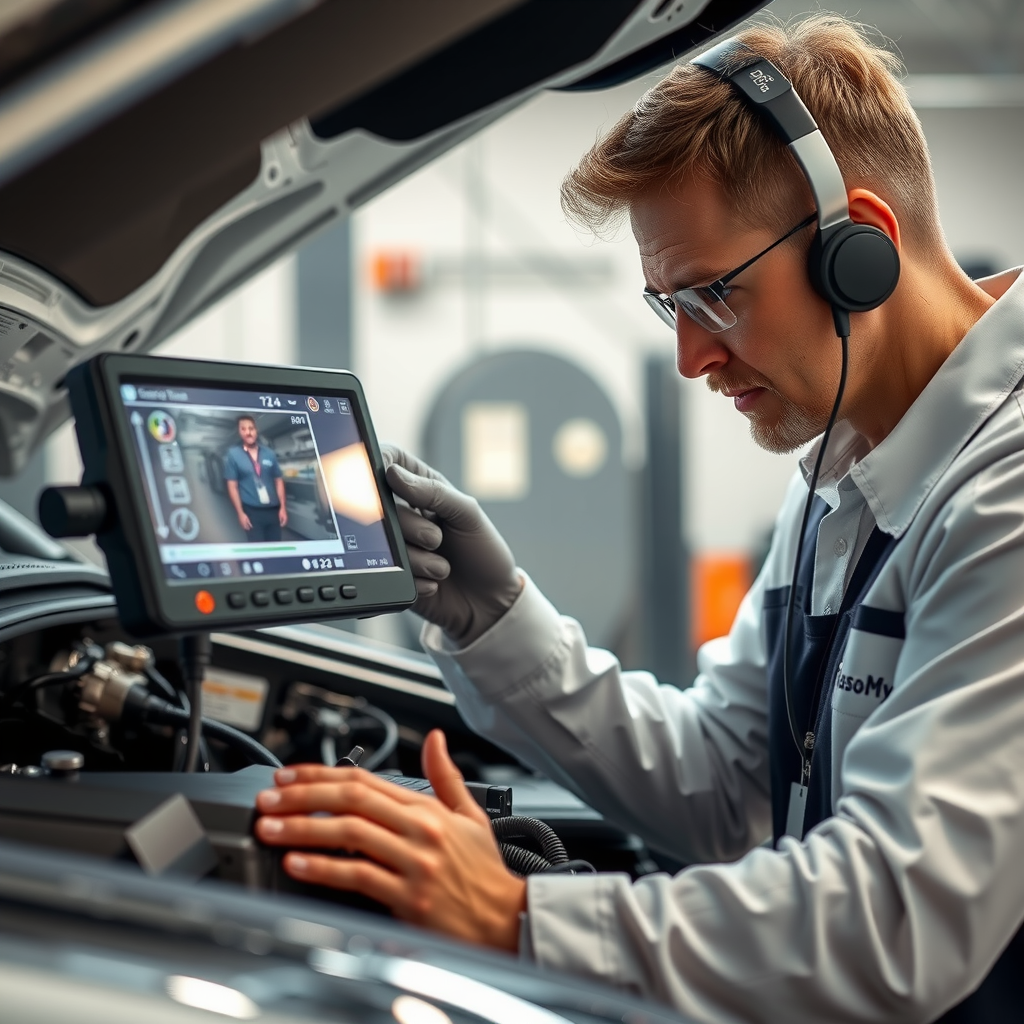Proceso de evaluación técnica de CarassoWyst mostrando especialista con equipo de diagnóstico avanzado inspeccionando motor de vehículo en taller certificado