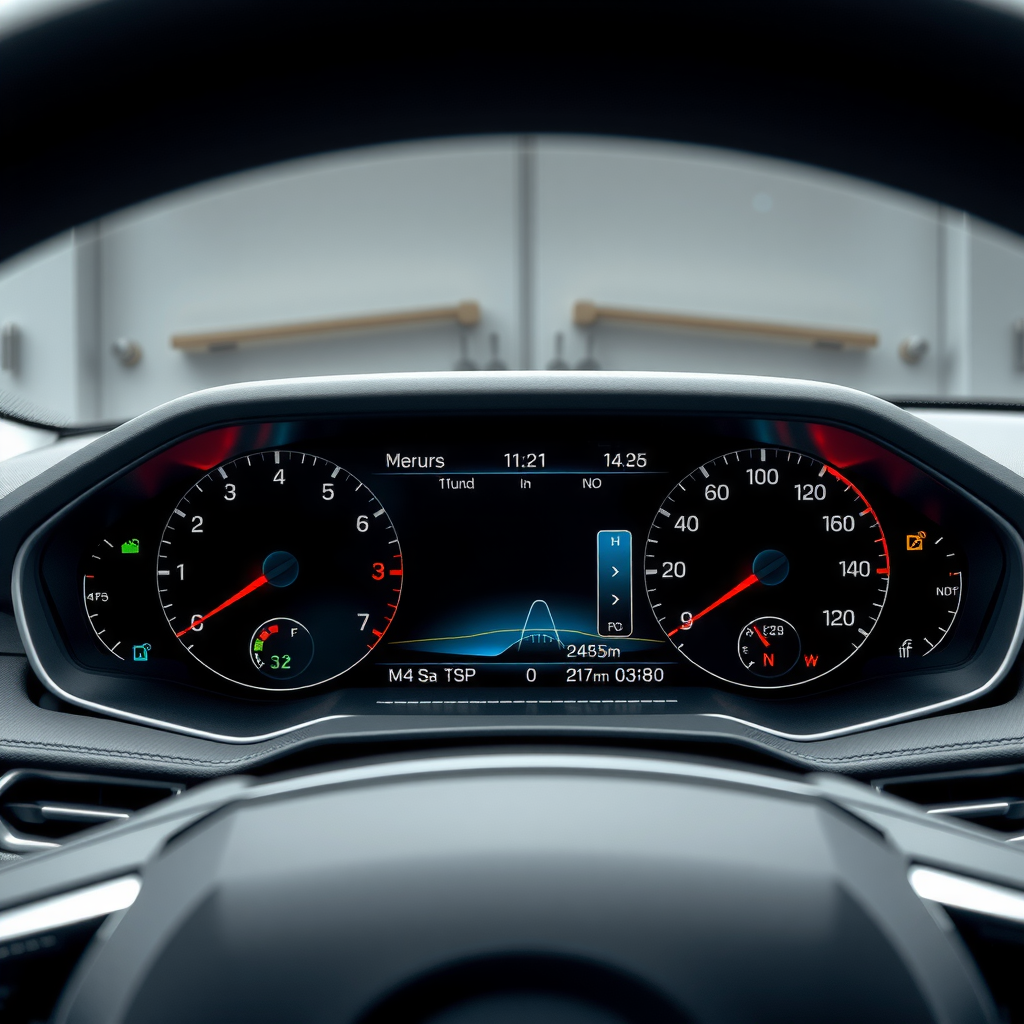 Panel de instrumentos digital moderno de vehículo mostrando sistemas de diagnóstico, indicadores de seguridad y pantalla táctil de infoentretenimiento en funcionamiento