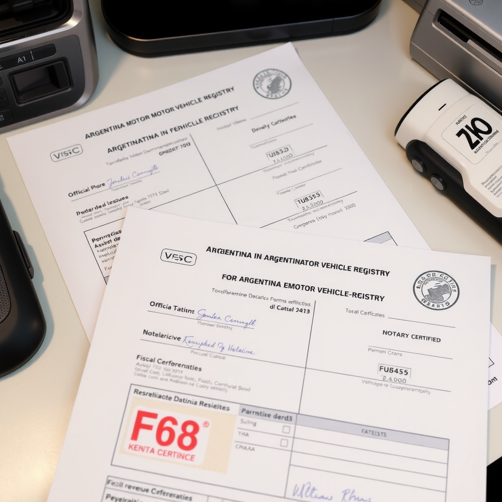 Conjunto de formularios oficiales 08 y 13 del Registro Automotor argentino completados correctamente, mostrando sellos oficiales, firmas certificadas de escribano, timbrado fiscal y comprobantes de pago de aranceles, disposición ordenada sobre escritorio