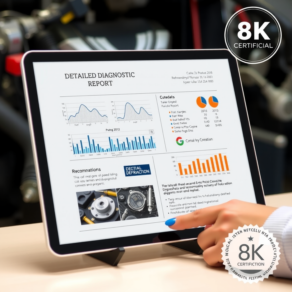 Reporte de diagnóstico profesional detallado mostrando gráficos, datos técnicos, fotografías de componentes y recomendaciones en formato digital en tablet profesional con logo de certificación