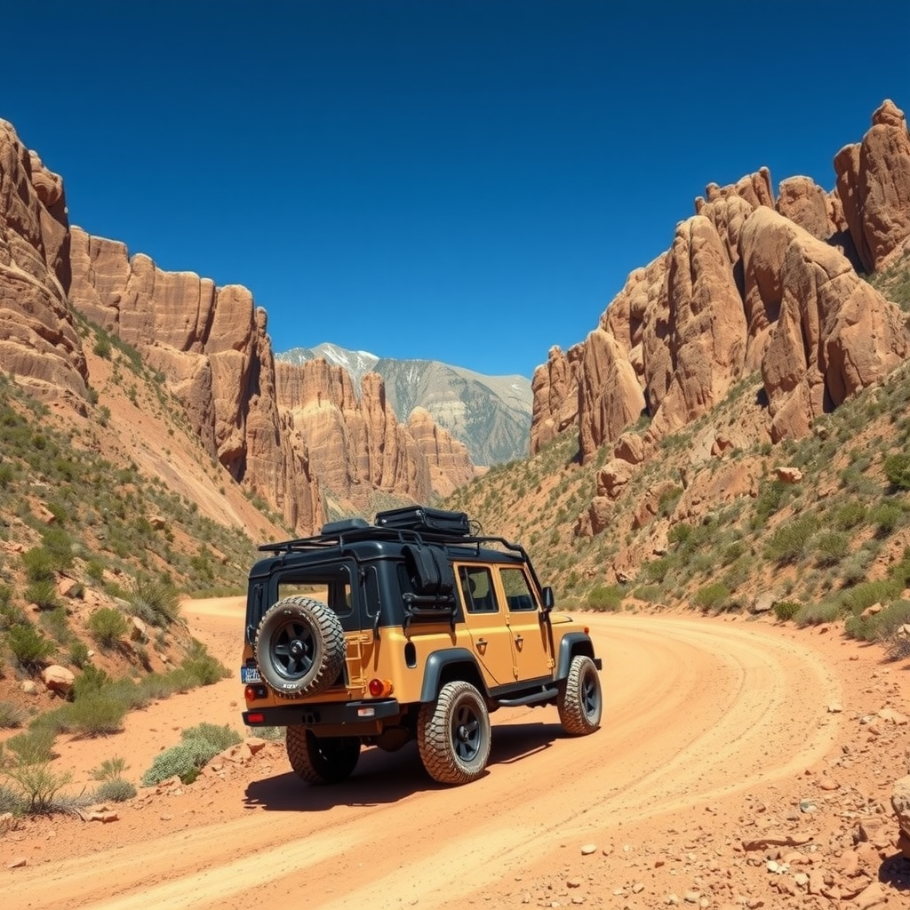 Vehículo 4x4 robusto ascendiendo por camino sinuoso de montaña en el noroeste argentino, paisaje de quebrada con formaciones rocosas multicolores, vegetación de altura escasa, cielo azul intenso, demostrando capacidad para enfrentar alturas y terrenos desafiantes de la región andina