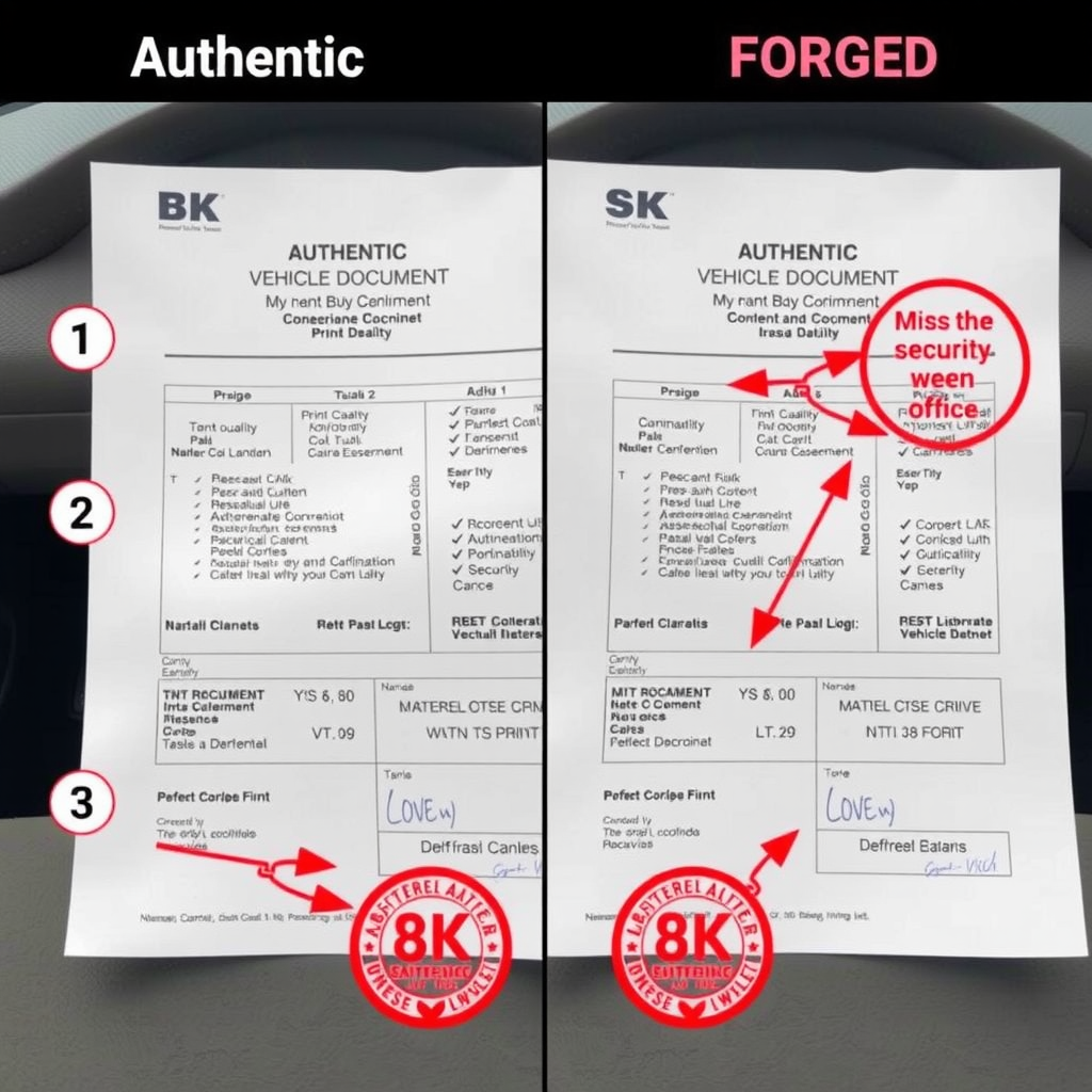 Comparación lado a lado de un documento vehicular auténtico y uno falsificado, con círculos y flechas señalando diferencias clave como calidad de impresión, elementos de seguridad ausentes, inconsistencias en fuentes tipográficas y errores en sellos oficiales, presentación educativa tipo infografía