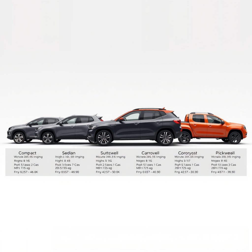 Comparación visual de cinco tipos de vehículos alineados: compacto, sedán, SUV, crossover y pickup, todos de perfil, mostrando diferencias de tamaño, altura, y proporciones, con especificaciones técnicas básicas en texto superpuesto, fondo neutro para destacar las diferencias entre categorías