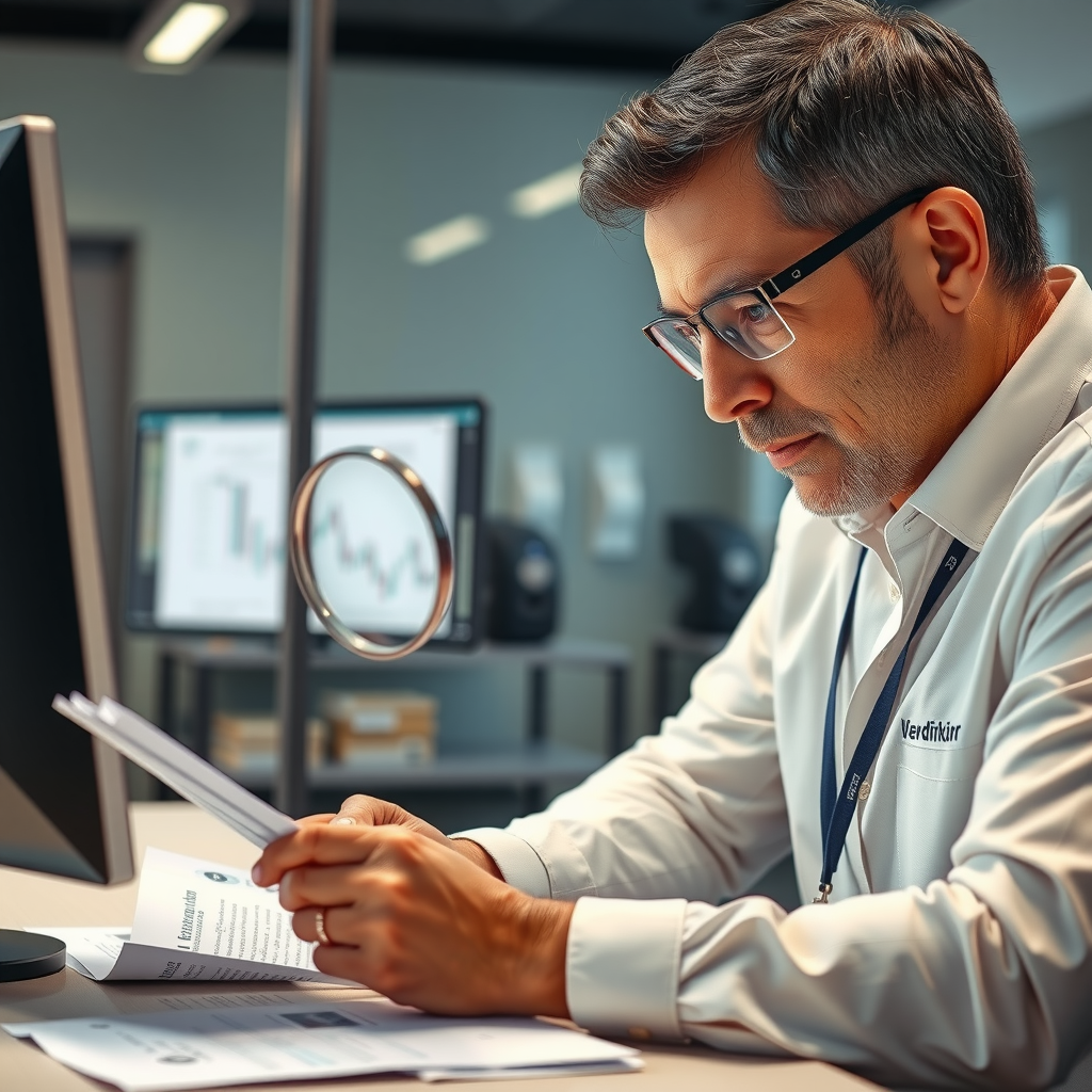 Profesional especializado en verificación vehicular examinando documentos con lupa y luz especial para detectar elementos de seguridad, en oficina moderna con computadora mostrando bases de datos de verificación, ambiente profesional y confiable