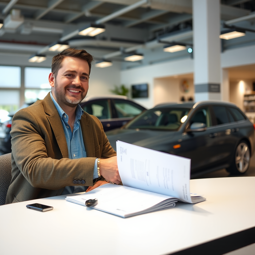 Comprador sonriente estrechando la mano del vendedor después de revisar exitosamente toda la documentación vehicular, con carpeta de documentos completos sobre la mesa, llaves del vehículo visibles, ambiente de concesionario profesional, expresión de confianza y satisfacción